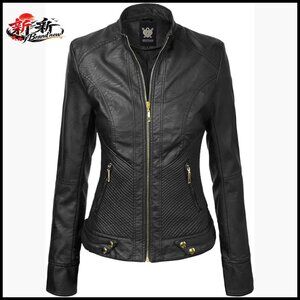 Slim Fit Vegan Leather Moto Jacket for Women - PU Biker Motorcycle Coat